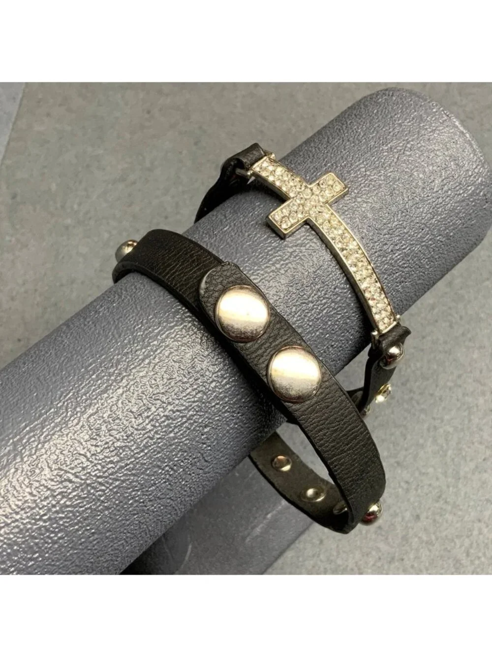 Cross Wrap Bracelet 22 In Silver Studded Black Leather Rhinestone Adjustable